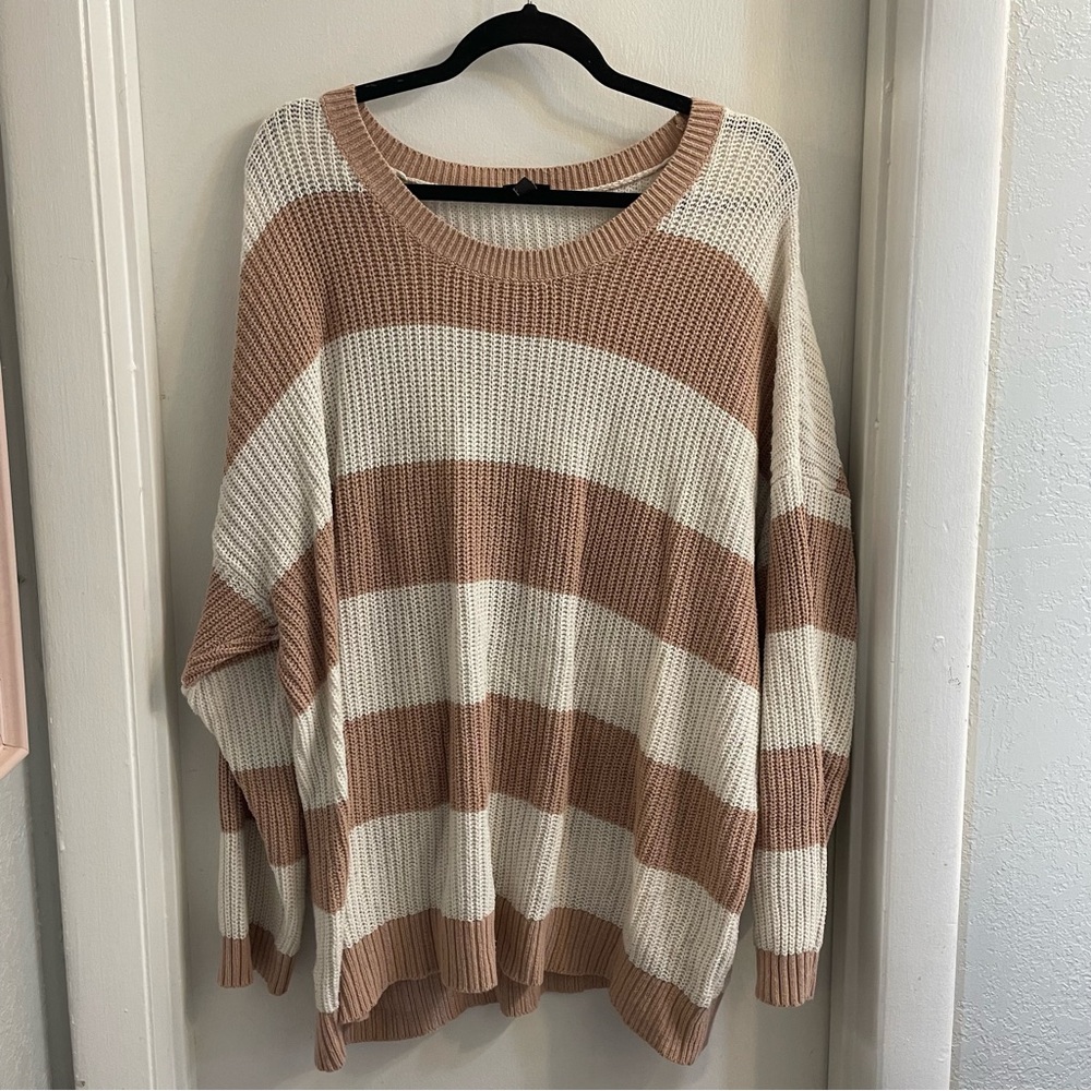Torrid Blush Pink and Cream Crew Neck Sweater with Ribbed Texture